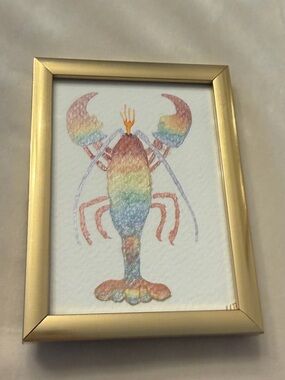 Mini Framed Original Rainbow Metallic Lobster Watercolor Art, Signed